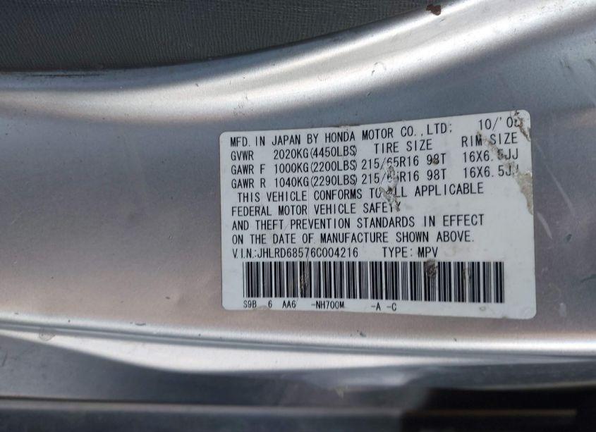 Photo 9 of 2006 Honda Cr-v LX (VIN JHLRD68576C004216)