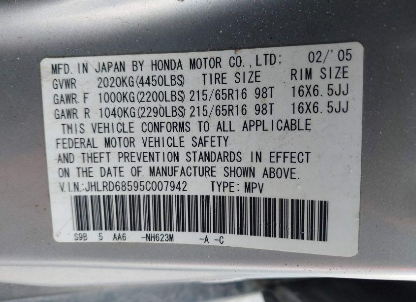 Photo 9 of 2005 Honda Cr-v LX (VIN JHLRD68595C007942)