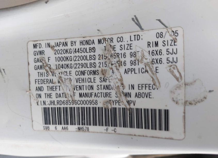 Photo 9 of 2006 Honda Cr-v LX (VIN JHLRD68596C000958)