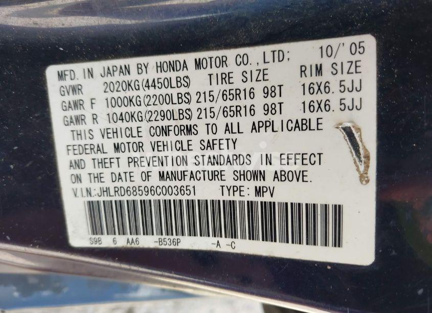 Photo 9 of 2006 Honda Cr-v LX (VIN JHLRD68596C003651)