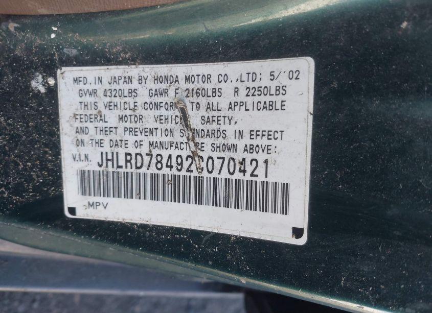 Photo 9 of 2002 Honda Cr-v LX (VIN JHLRD78492C070421)