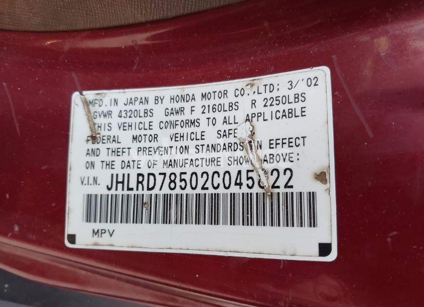 Photo 9 of 2002 Honda Cr-v LX (VIN JHLRD78502C045822)