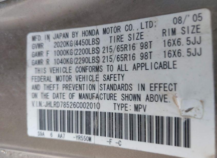 Photo 9 of 2006 Honda Cr-v LX (VIN JHLRD78526C002010)