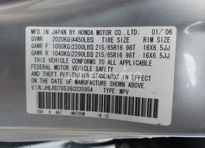 Photo 9 of 2006 Honda Cr-v LX (VIN JHLRD78536C035954)