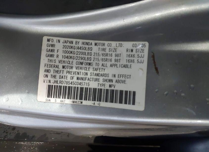 Photo 9 of 2005 Honda Cr-v LX (VIN JHLRD78545C045715)