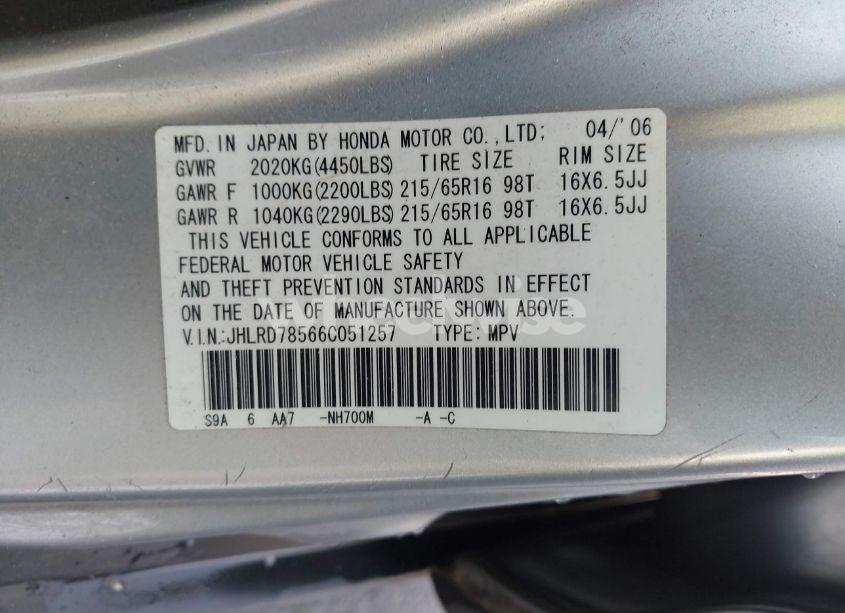 Photo 9 of 2006 Honda Cr-v LX (VIN JHLRD78566C051257)