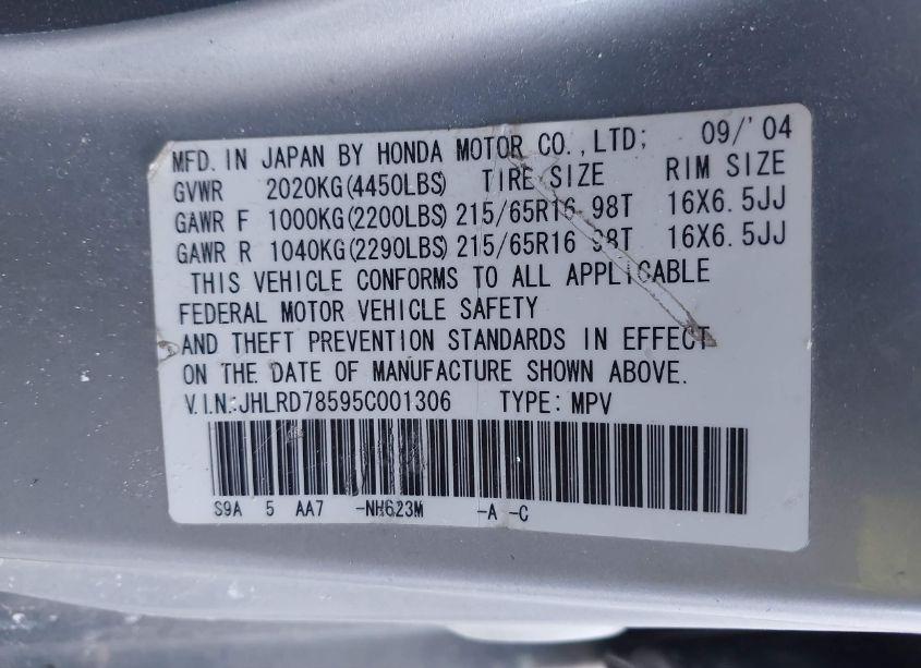 Photo 9 of 2005 Honda Cr-v LX (VIN JHLRD78595C001306)