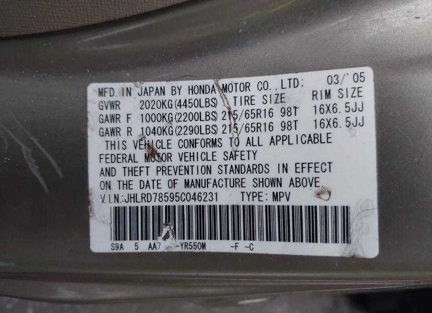 Photo 9 of 2005 Honda Cr-v LX (VIN JHLRD78595C046231)