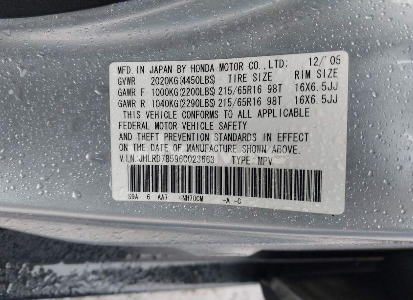 Photo 9 of 2006 Honda Cr-v LX (VIN JHLRD78596C023663)