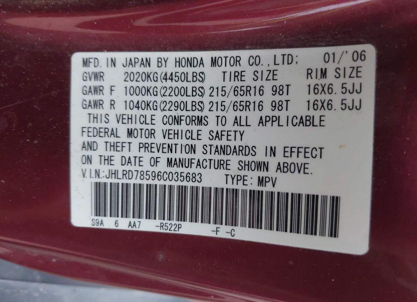 Photo 9 of 2006 Honda Cr-v LX (VIN JHLRD78596C035683)
