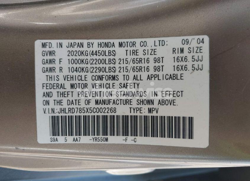 Photo 9 of 2005 Honda Cr-v LX (VIN JHLRD785X5C002268)