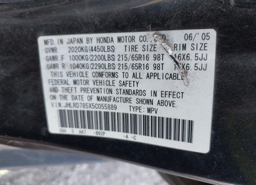 Photo 9 of 2005 Honda Cr-v LX (VIN JHLRD785X5C055889)