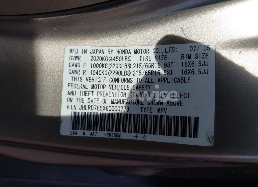 Photo 9 of 2006 Honda Cr-v LX (VIN JHLRD785X6C000778)