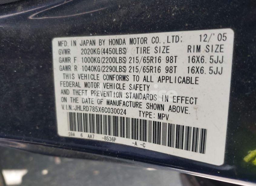 Photo 9 of 2006 Honda Cr-v LX (VIN JHLRD785X6C030024)