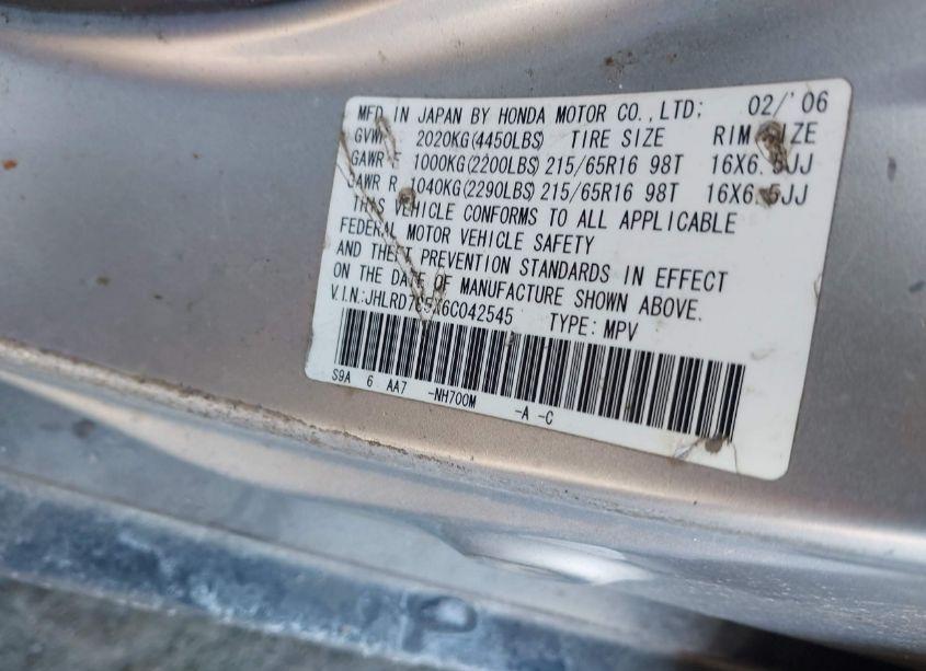 Photo 9 of 2006 Honda Cr-v LX (VIN JHLRD785X6C042545)