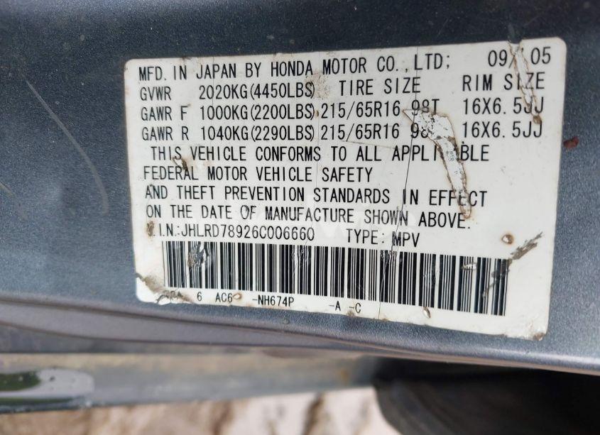 Photo 9 of 2006 Honda Cr-v SE (VIN JHLRD78926C006660)