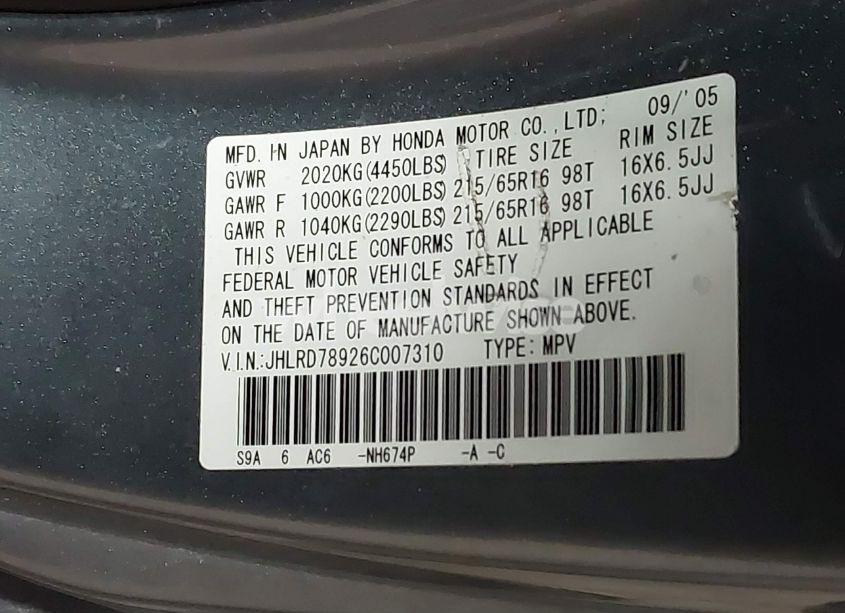 Photo 9 of 2006 Honda Cr-v SE (VIN JHLRD78926C007310)
