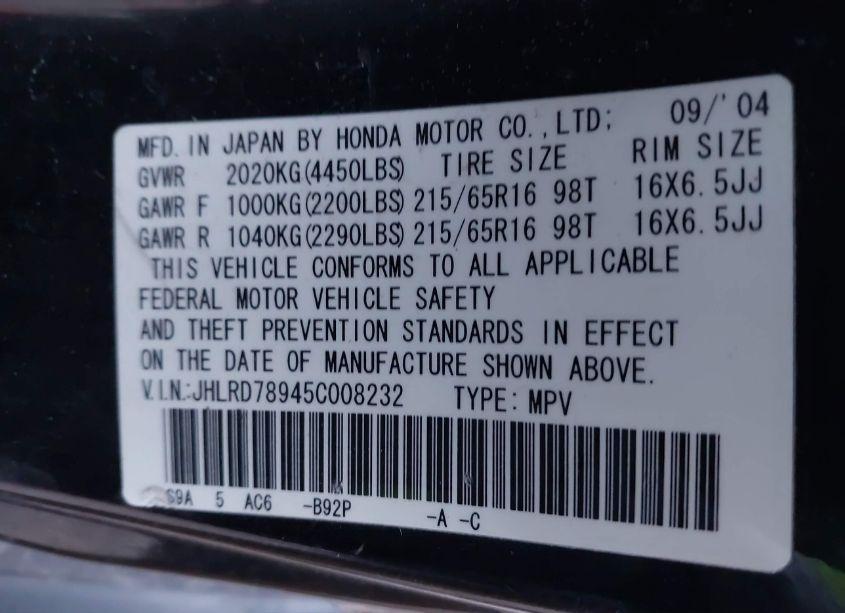 Photo 9 of 2005 Honda Cr-v SE (VIN JHLRD78945C008232)