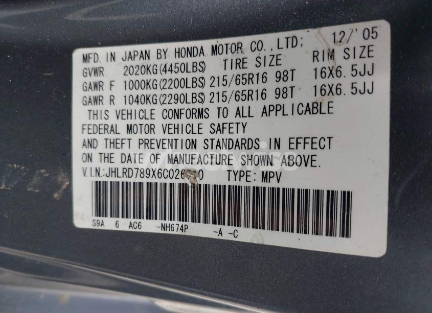 Photo 9 of 2006 Honda Cr-v SE (VIN JHLRD789X6C026610)