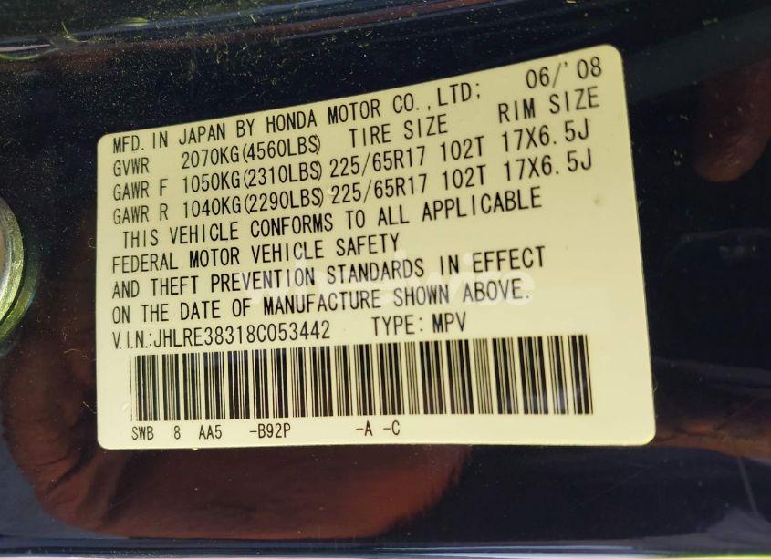 Photo 9 of 2008 Honda Cr-v LX (VIN JHLRE38318C053442)