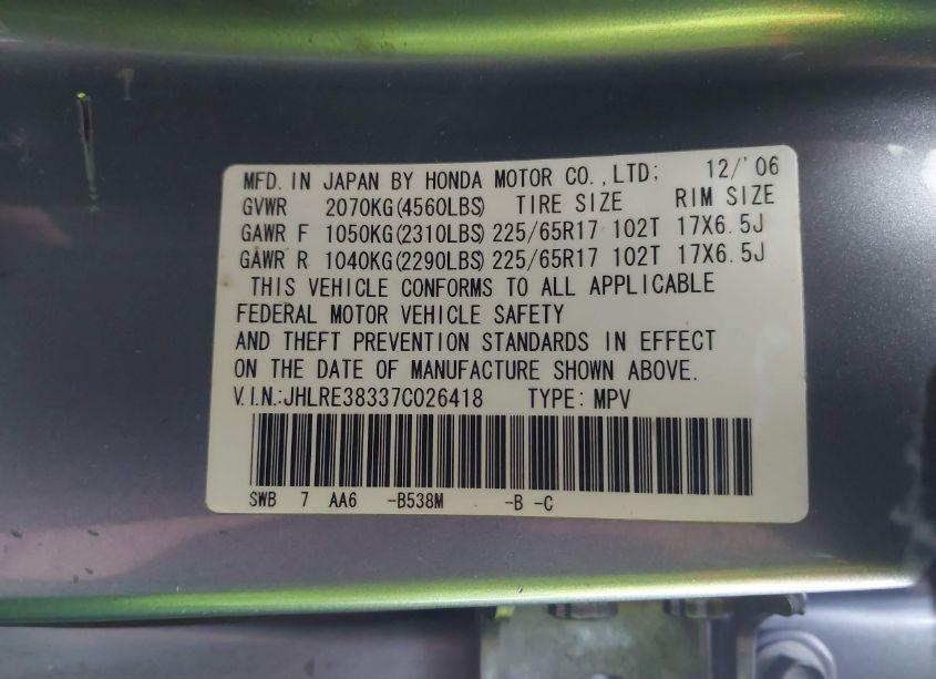 Photo 9 of 2007 Honda Cr-v LX (VIN JHLRE38337C026418)