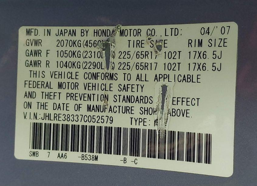 Photo 9 of 2007 Honda Cr-v LX (VIN JHLRE38337C052579)