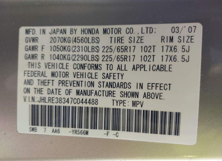 Photo 9 of 2007 Honda Cr-v LX (VIN JHLRE38347C044488)