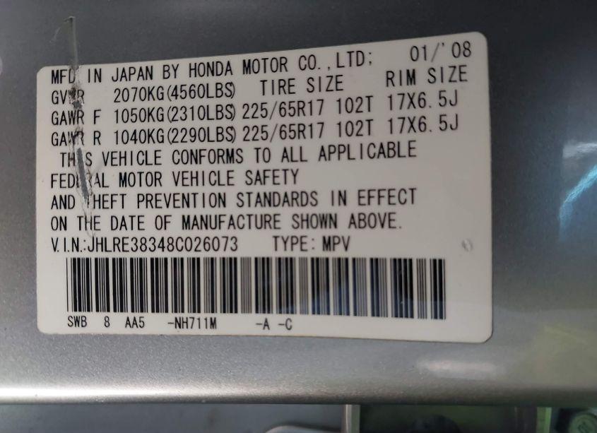 Photo 9 of 2008 Honda Cr-v LX (VIN JHLRE38348C026073)