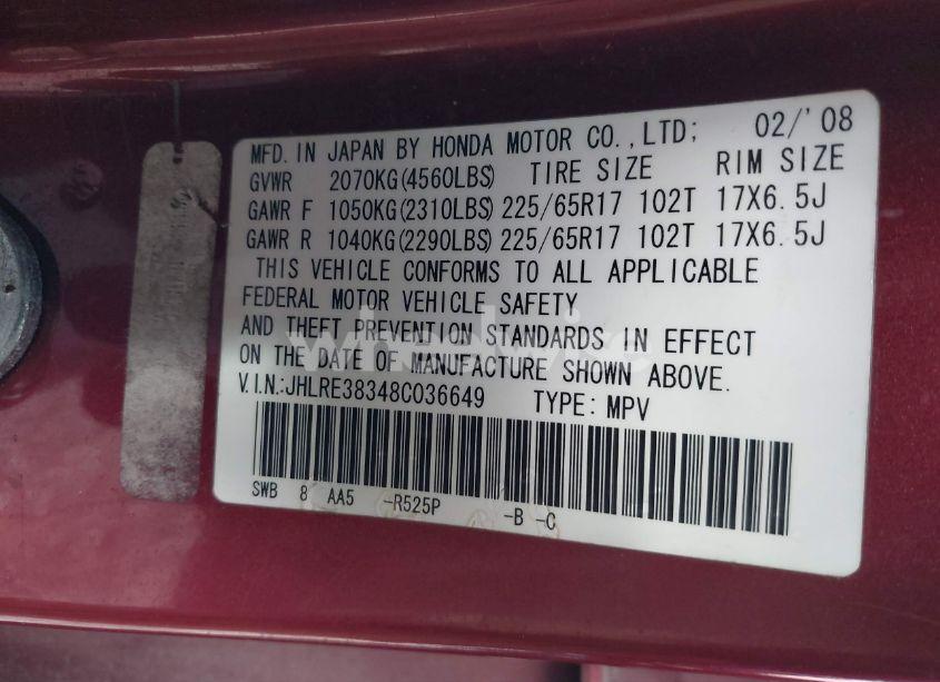 Photo 9 of 2008 Honda Cr-v LX (VIN JHLRE38348C036649)