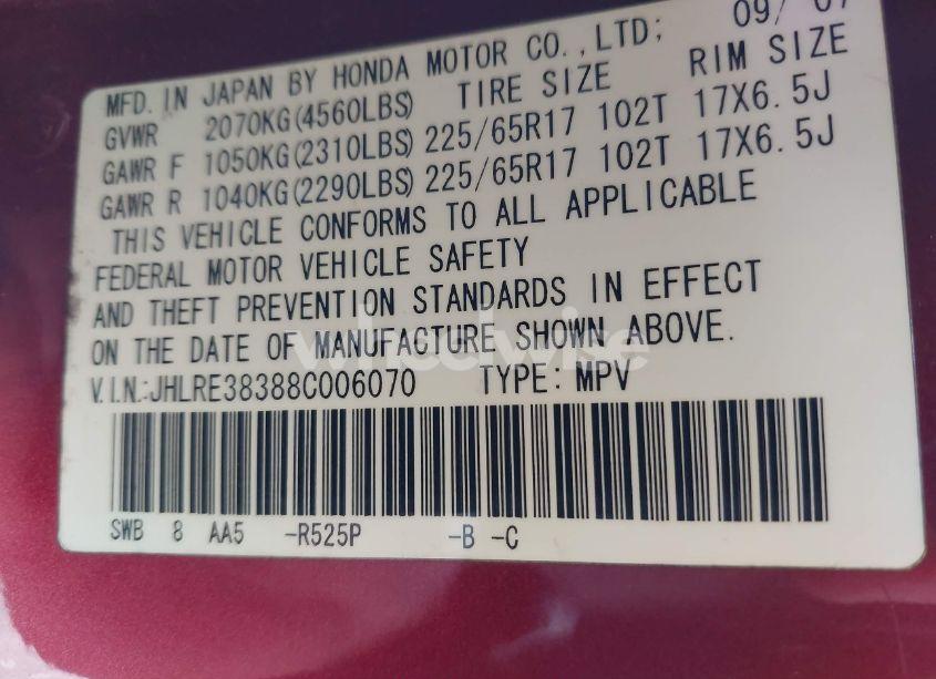 Photo 9 of 2008 Honda Cr-v LX (VIN JHLRE38388C006070)