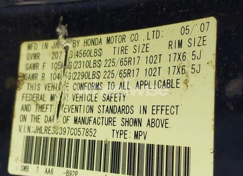 Photo 9 of 2007 Honda Cr-v LX (VIN JHLRE38397C057852)