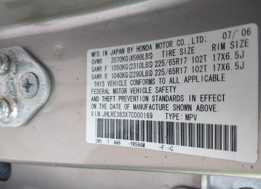 Photo 9 of 2007 Honda Cr-v LX (VIN JHLRE383X7C000169)