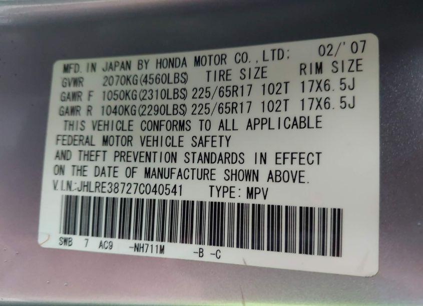Photo 9 of 2007 Honda Cr-v EXL (VIN JHLRE38727C040541)