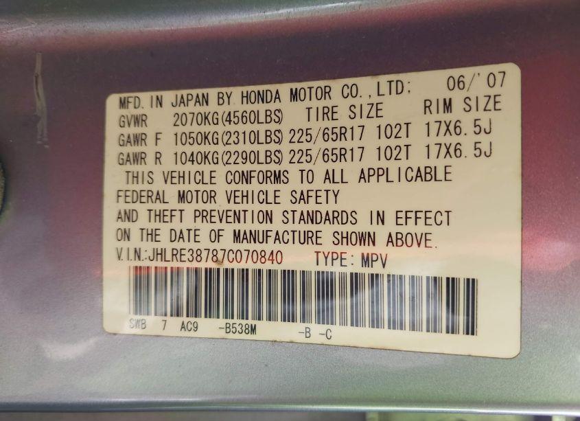 Photo 9 of 2007 Honda Cr-v EX-L (VIN JHLRE38787C070840)