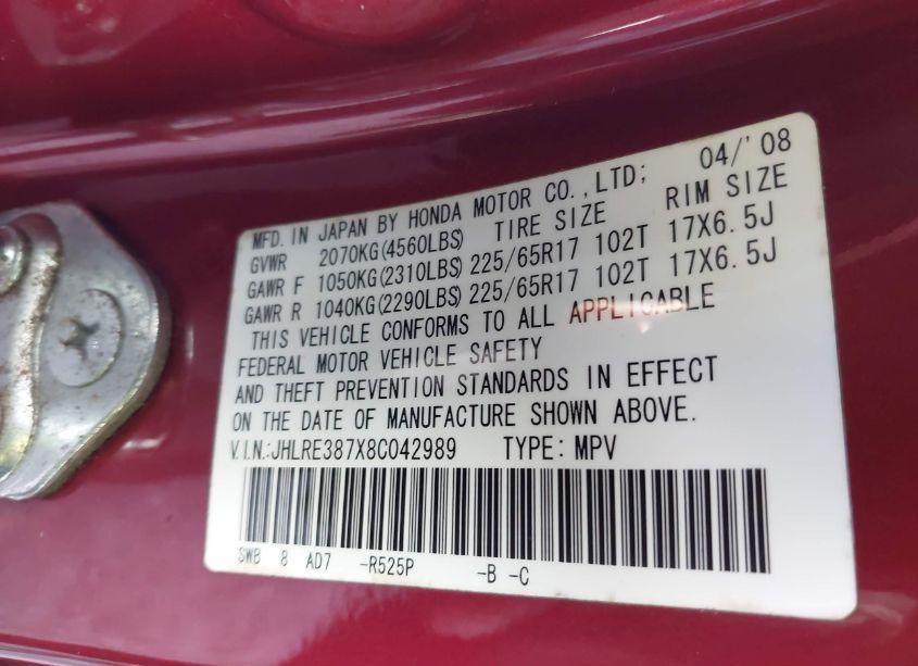 Photo 9 of 2008 Honda Cr-v EX-L (VIN JHLRE387X8C042989)