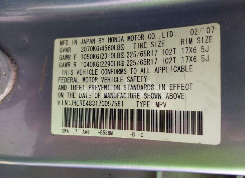 Photo 9 of 2007 Honda Cr-v LX (VIN JHLRE48317C057561)