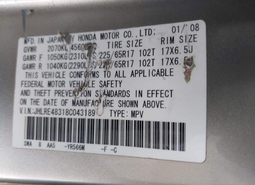 Photo 9 of 2008 Honda Cr-v LX (VIN JHLRE48318C043189)