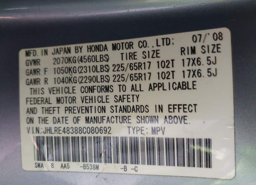 Photo 9 of 2008 Honda Cr-v LX (VIN JHLRE48388C080692)
