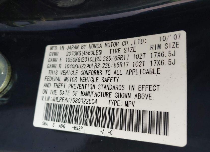 Photo 9 of 2008 Honda Cr-v EX-L (VIN JHLRE48768C022504)