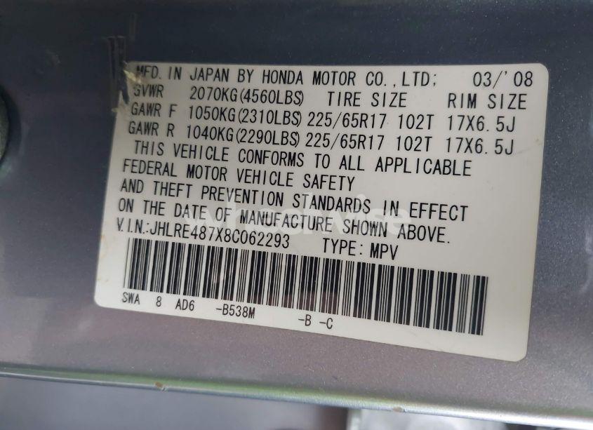 Photo 9 of 2008 Honda Cr-v EX-L (VIN JHLRE487X8C062293)