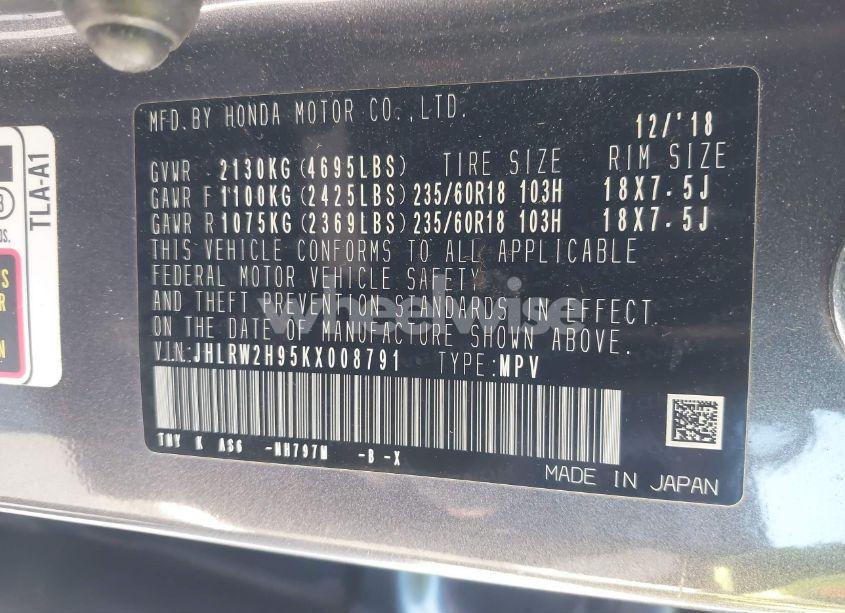 Photo 9 of 2019 Honda Cr-v TOURING (VIN JHLRW2H95KX008791)