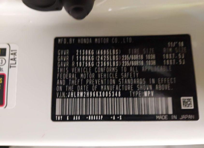 Photo 9 of 2019 Honda Cr-v TOURING (VIN JHLRW2H96KX005348)