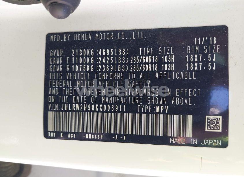 Photo 9 of 2019 Honda Cr-v TOURING (VIN JHLRW2H98KX003911)