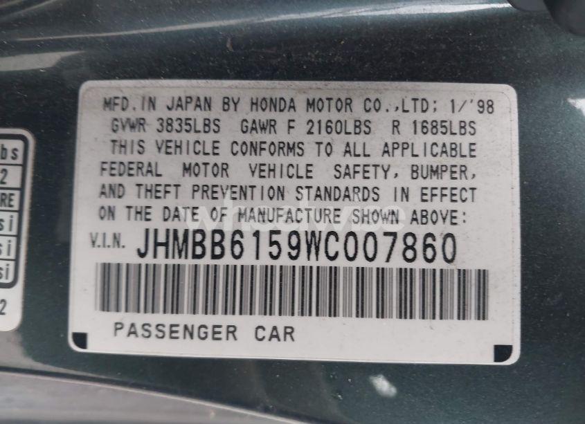 Photo 9 of 1998 Honda Prelude TYPE SH (VIN JHMBB6159WC007860)