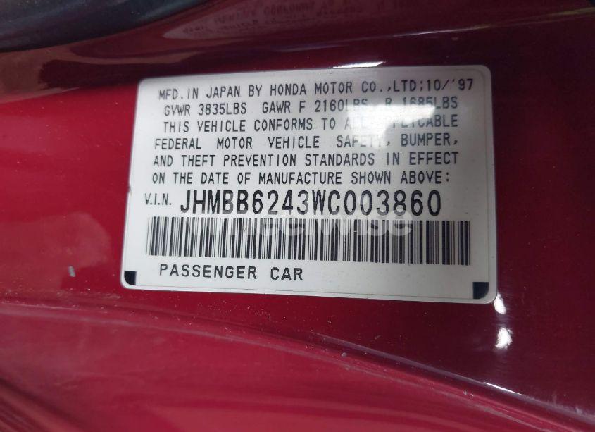 Photo 9 of 1998 Honda Prelude (VIN JHMBB6243WC003860)