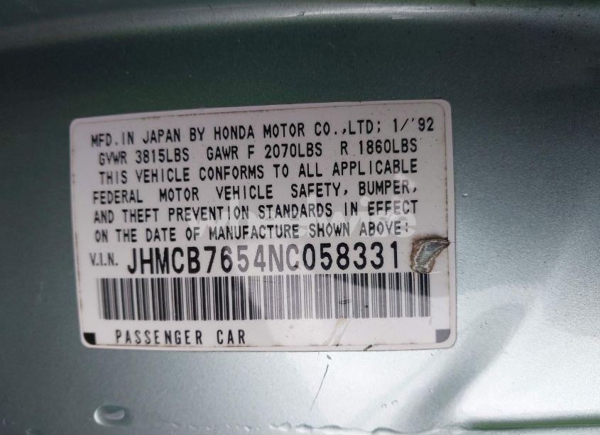 Photo 9 of 1992 Honda Accord LX/EX (VIN JHMCB7654NC058331)