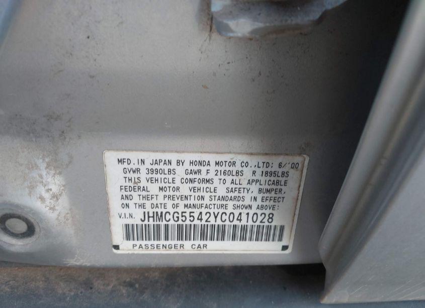 Photo 9 of 2000 Honda Accord 2.3 LX (VIN JHMCG5542YC041028)