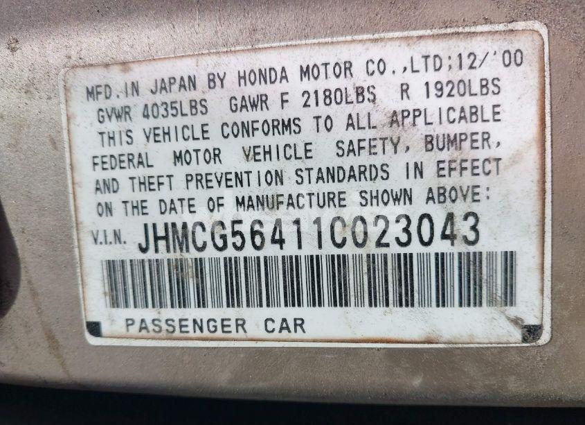Photo 9 of 2001 Honda Accord 2.3 LX (VIN JHMCG56411C023043)