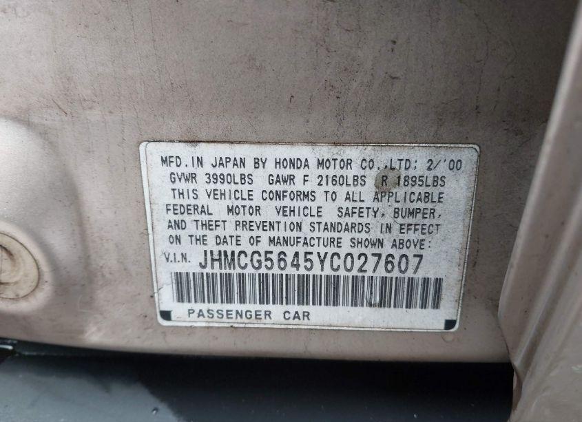 Photo 9 of 2000 Honda Accord 2.3 LX (VIN JHMCG5645YC027607)