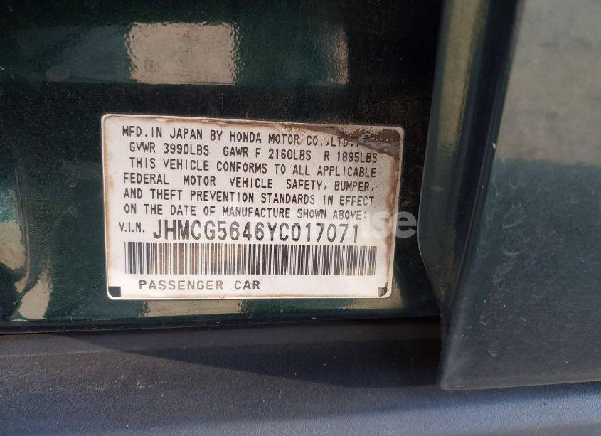 Photo 9 of 2000 Honda Accord 2.3 LX (VIN JHMCG5646YC017071)